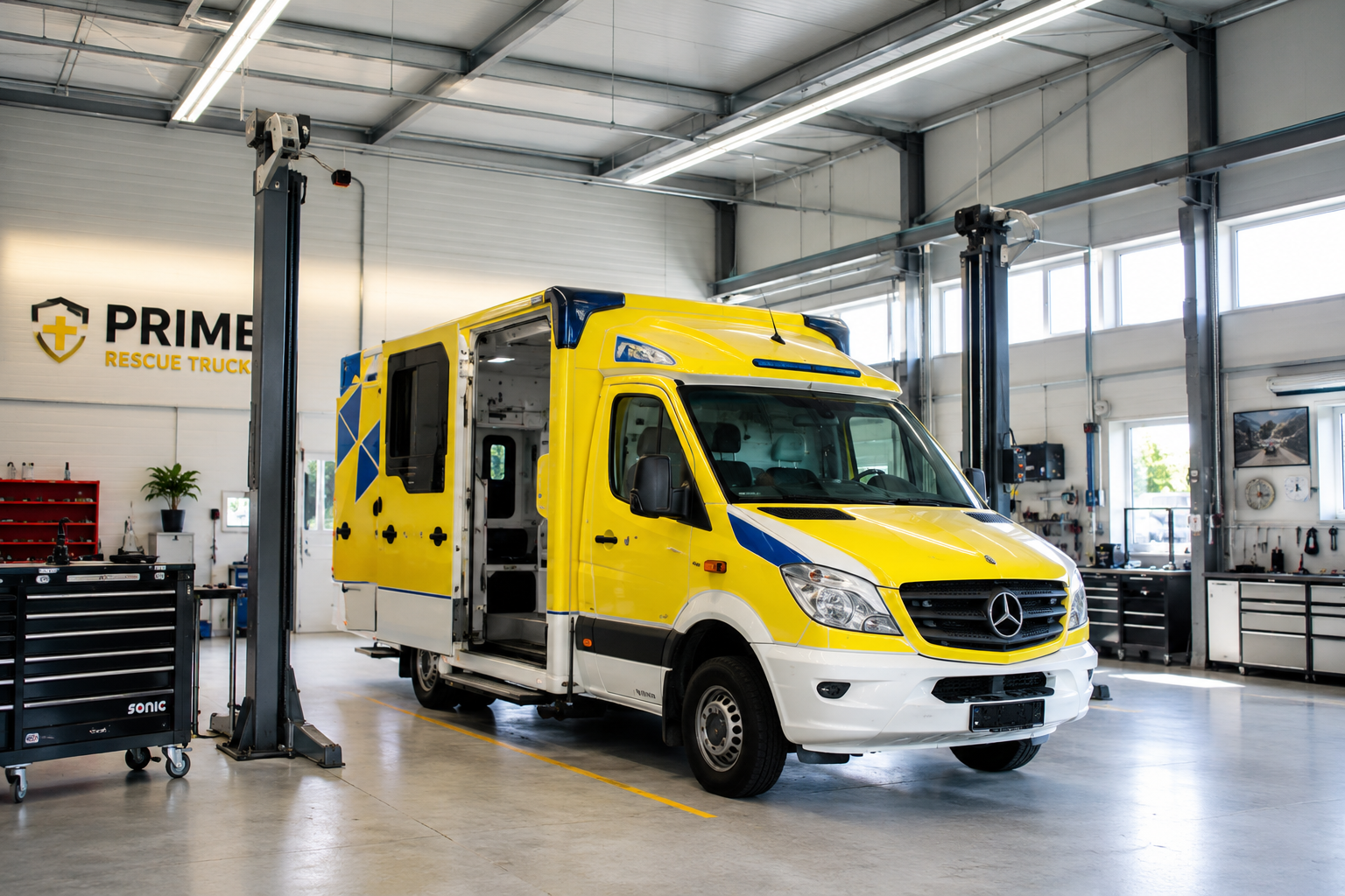 Prime Rescue Trucks – heller Werkstattbereich mit gelbem Rettungsfahrzeug